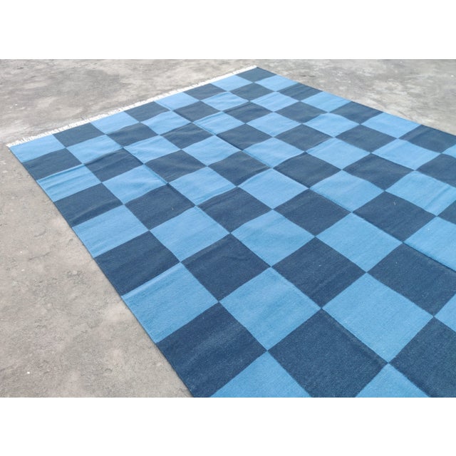 Textile Handmade Vegetable Dyed Woolen Checked Pattern Rug Sky Blue and Navy Blue - 8x10 For Sale - Image 7 of 8