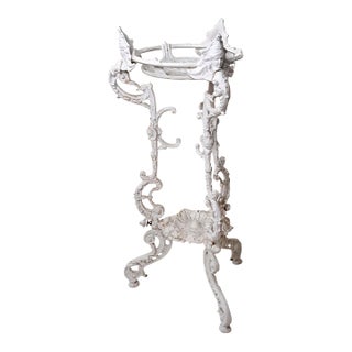 Vintage Ornate White Cast Iron Cherub Plant Stand, Victorian Revival Garden Pedestal For Sale