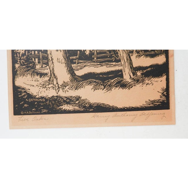 Vintage circa 1930's block print on paper by Harry Anthony DeYoung (1893-1956) Texas. Signed and titled Live Oaks in...