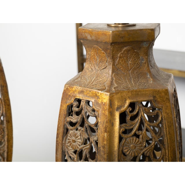 Wood Mid 20th Century Asian MidCentury Us-Wired Table Lamps with Carved Openwork Floral Motifsv - a Pair For Sale - Image 7 of 9