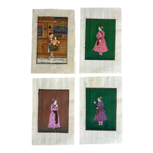 Early 20th Century Vintage Miniature Indo Persian Mughal Painting With Manuscript, Set of Four