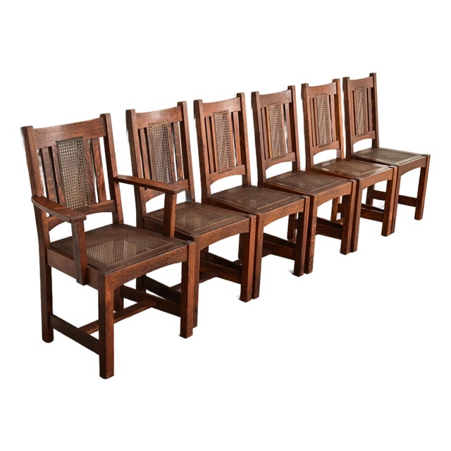 Lifetime Furniture Antique Mission Oak and Cane Arts & Crafts Dining Chairs, Set of Six For Sale