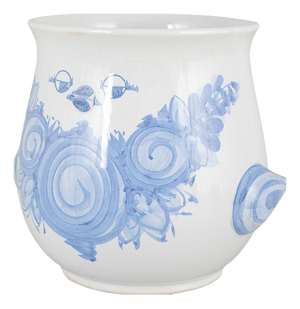 Flowerpot Cover in Faience with Blue Spiral and Floral Motifs from Bjørn Wiinblad, 1978