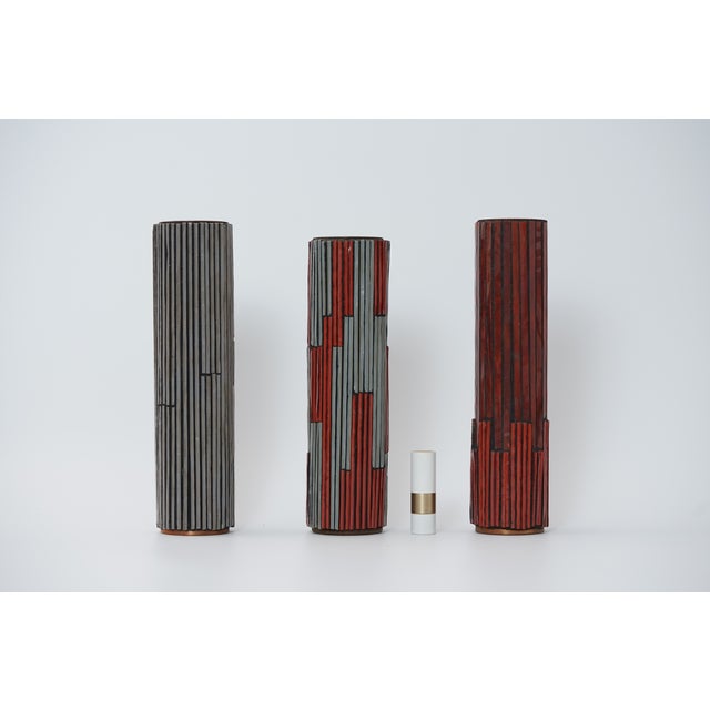 Metal Mid-Century Modern Red and Grey Mosaic Pottery Vase from Ritter, 1960s, Set of 3 For Sale - Image 7 of 12