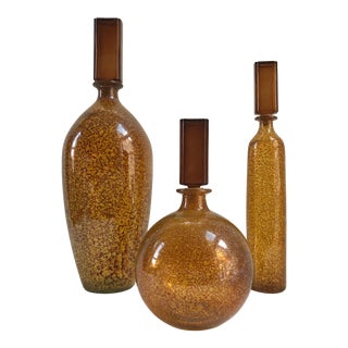 Vintage Mid-Century Modern Faux Tortoise European Decorated Glass Decanters - Set of 3 For Sale