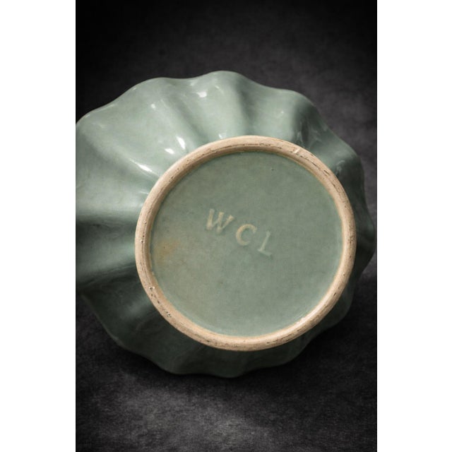 1940s Vintage Mid-Century Celadon Scalloped Pedestal Compote Bowl — Console Centerpiece For Sale - Image 5 of 12