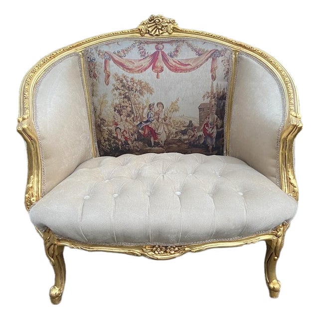 c.1900 French Marquise Gold Beech Velvet Loveseat For Sale