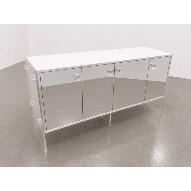 Glass Vintage Mirrored Credenza With Lucite Sides & White Laminate For Sale - Image 7 of 9