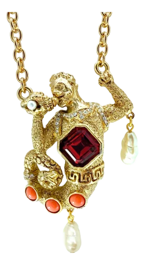 Kenneth Jay Lane Antique Gold Plate Swarovski Crystal Merman Mythology Necklace