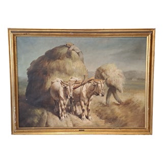 Antonino Traverso, Oxen at Work, Oil on Canvas, 1920s-1940s, Framed For Sale