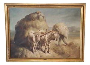 Antonino Traverso, Oxen at Work, Oil on Canvas, 1920s-1940s, Framed