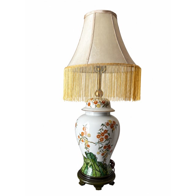 Vintage Chinoiserie Floral Ginger Jar Table Lamp With Long Gold Fringe Shade For Sale - Image 12 of 16