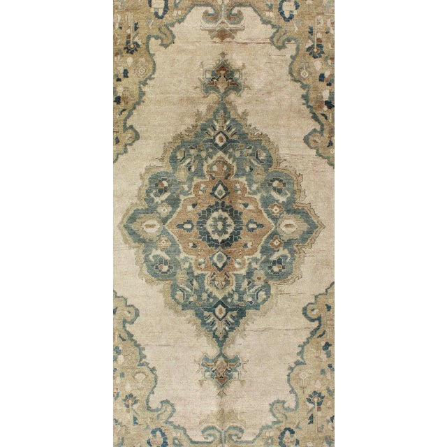 Vintage Oushak Rug With Floral Design in Blue/Green, Taupe, Ivory & Yellow Green 5'2" X9'11" For Sale - Image 4 of 8