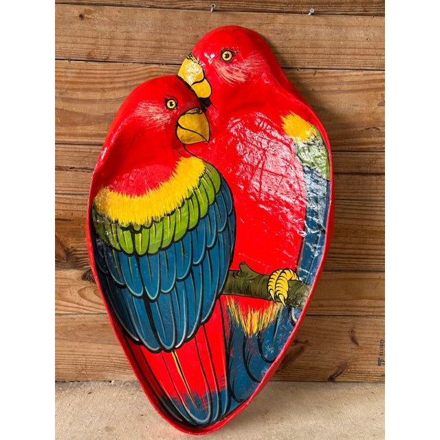 Paper 1980’s Tropical Coastal Hand Painted Paper Mache Parrot Tray For Sale - Image 7 of 11