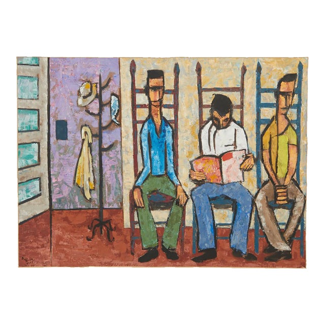 MCM Acrylic Painting the Waiting Room James Tucker 1955 Cubism For Sale