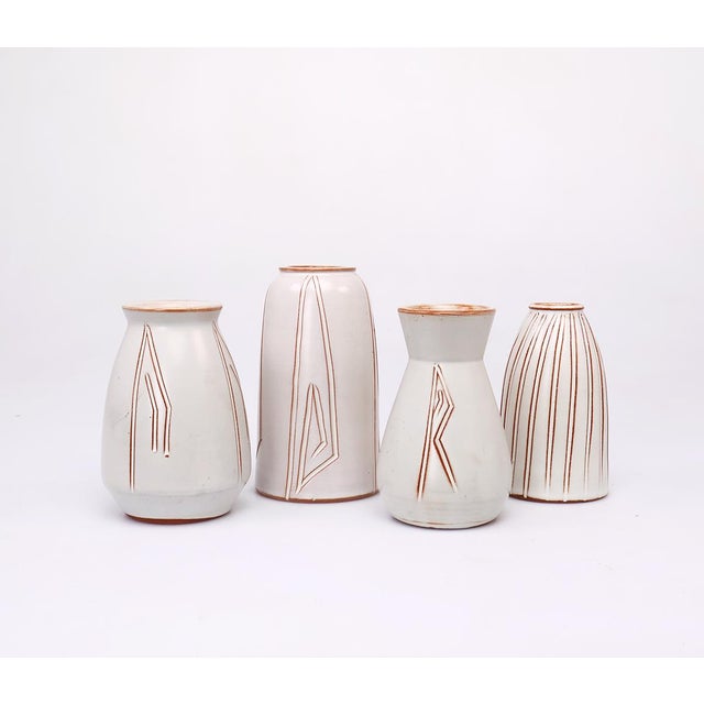 Mid-Century Modern Small Earthenware Vases with Sgraffito Decor, 1960s, Set of 4 For Sale - Image 3 of 10