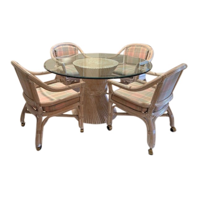 1980s Rattan Dining Table W/4 Rolling Chairs - Set of 6 McGuire Furniture For Sale