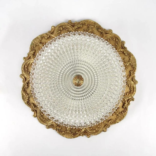 Heavy Brass and Faceted Cut Glass Flush Mount with French Lily Motif For Sale - Image 4 of 10