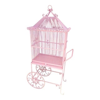 ​Vintage Hollywood Regency Pagoda Top Pink Wrought Iron Decorative Birdcage Floral Cart For Sale