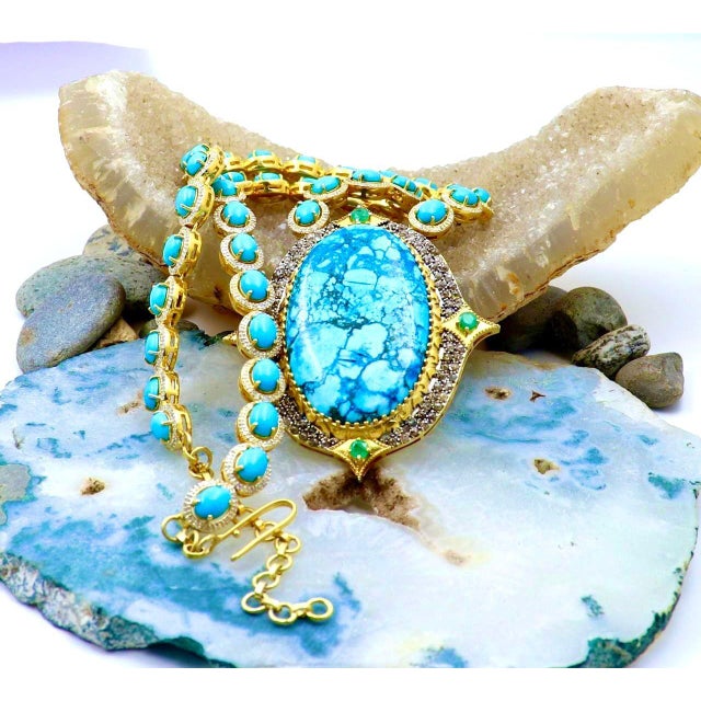 Bochic "Capri" Vintage Diamonds, Emeralds & Turquoise Necklace Set In 18K & Silver For Sale - Image 10 of 18