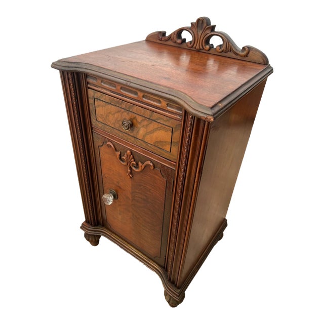 Antique Italian Nightstand Cabinet With Drawer Hand Carved Walnut and Mahogany For Sale