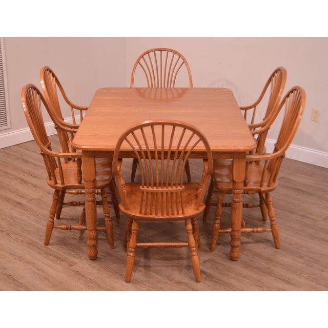 Custom Quality Oak Table & 6 Wheat Back Windsor Chairs Dining Set