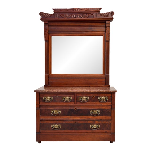 Antique 1810s Victorian Burl Walnut American Dresser Chest With Mirror For Sale