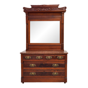 Antique 1810s Victorian Burl Walnut American Dresser Chest With Mirror