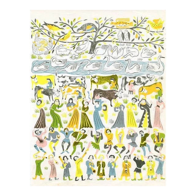 Vintage Print, “On the Eleventh Day of Christmas”, Original Mid-Century Color Lithograph For Sale