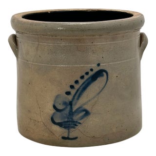 Antique Small 1 Gallon Size American New England Blue Decorated Stoneware Storage Jar - Circa 1870s For Sale
