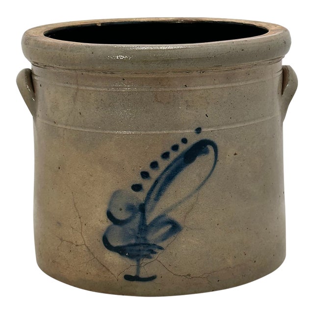 Antique Small 1 Gallon Size American New England Blue Decorated Stoneware Storage Jar - Circa 1870s For Sale