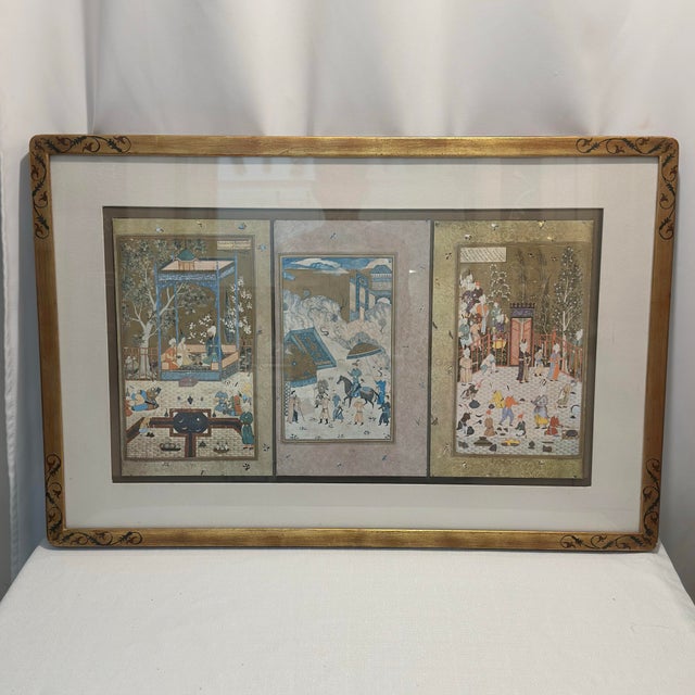 Figurative 1970’s Gilded Persian Court Life Panoramic Triptych For Sale - Image 3 of 14
