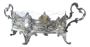 Silver and Engraved Glass Fruit Bowl Centerpiece with Scrolls and Plant Motifs