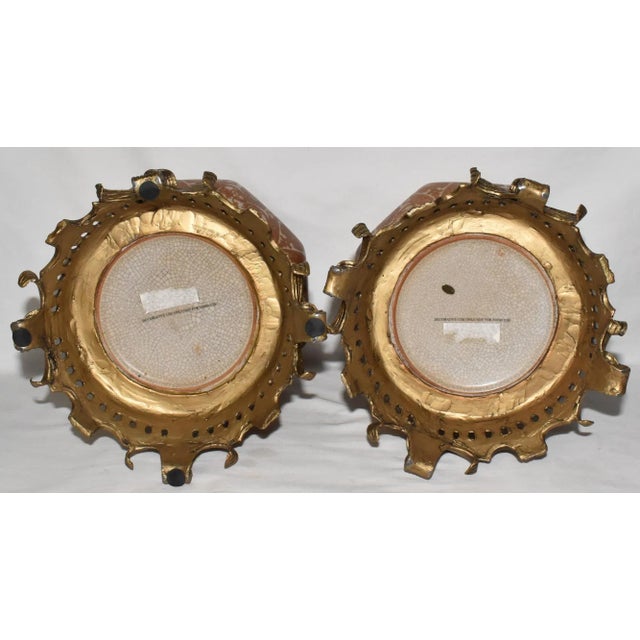 Pair Mid 20th Century Asian Crackle Glaze Porcelain Ginger Jars on Brass Bases Floral Motif For Sale - Image 9 of 11