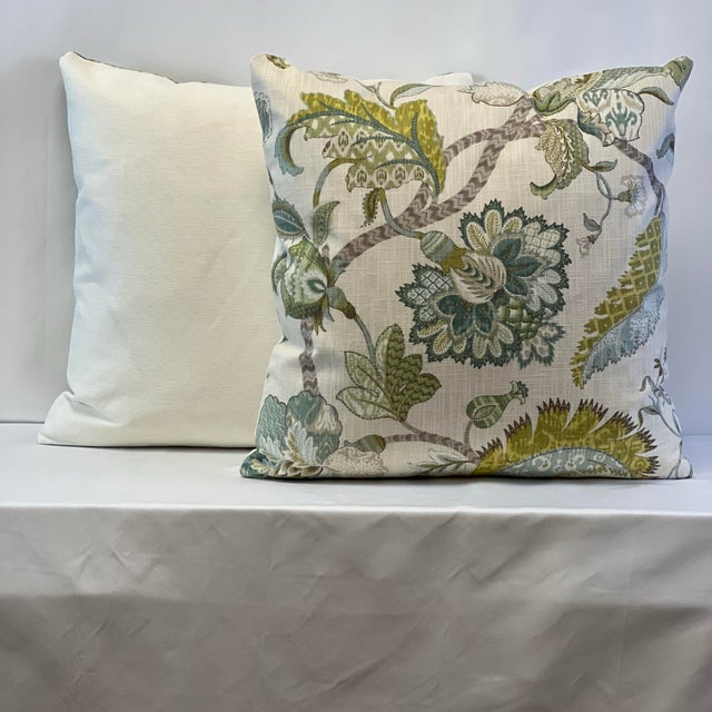 Jacobean P.Kaufmann Attributed Floriana Mineral 20”x20” Feather/Down Pillows - A Pair For Sale - Image 3 of 7