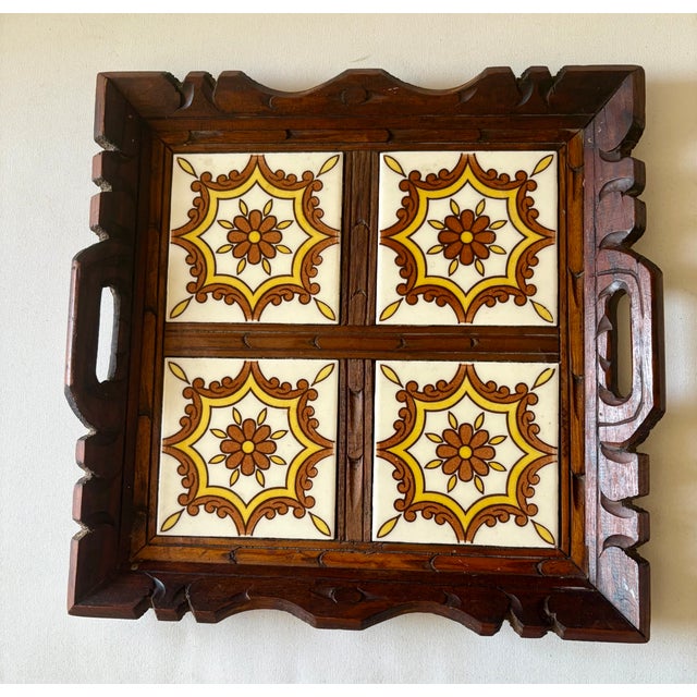 Vintage Mexican Carved Wood and Floral Tile Tray For Sale - Image 10 of 10