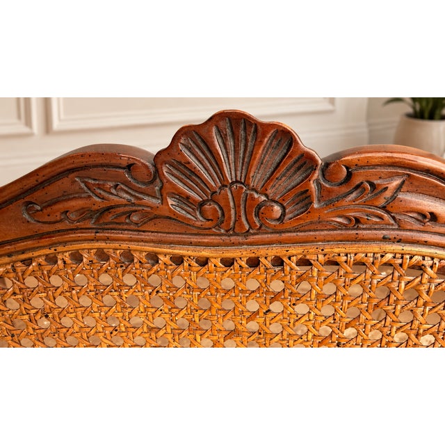 1976 Kindel French Provincial Carved Wood Cane Back Armchairs – Pair For Sale - Image 13 of 16
