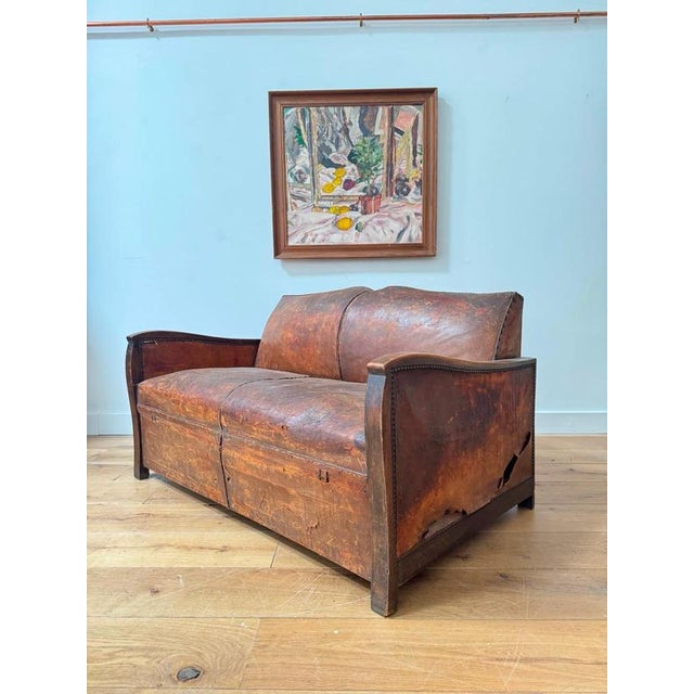 French Leather Mustache Back Sofa Bed, 1930s For Sale - Image 4 of 9