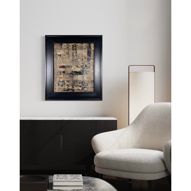 Original abstract painting by J. Kent Martin featuring layered taupe, sand, charcoal, and black with subtle warm accents...