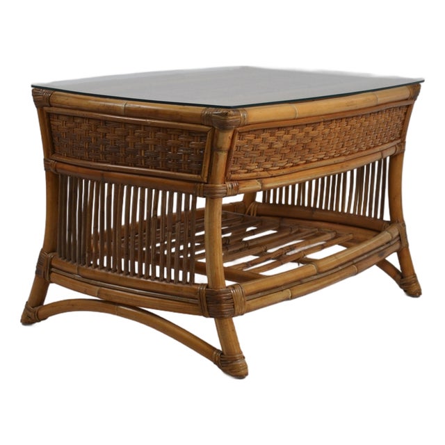 Vintage Rattan and Wicker Coffee Table with Glass Top, 1960s For Sale