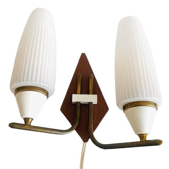 Beautiful vintage mid-century Danish design double wall lamp in teak with structured frosted glass shades and brass...