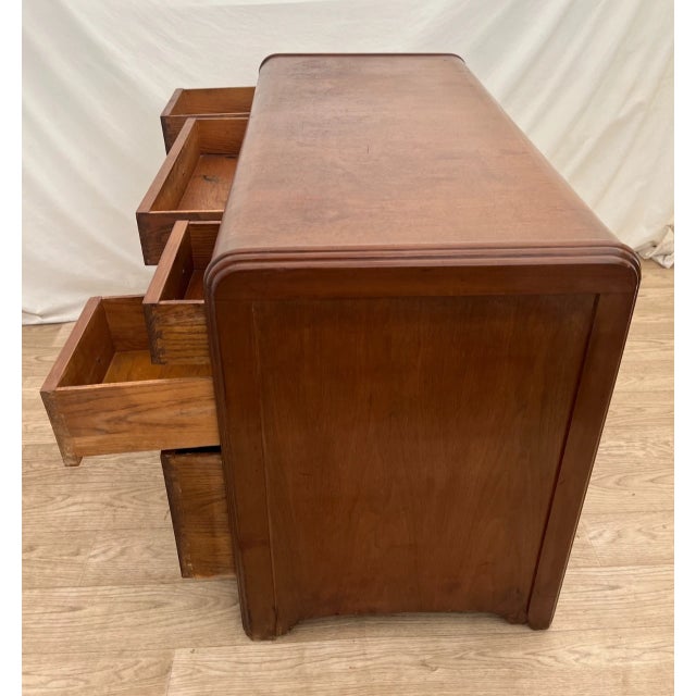 1930s 1930s Art Deco Desk Waterfall Top Seven Dovetail Brass Drawers Walnut Finished Back For Sale - Image 5 of 18