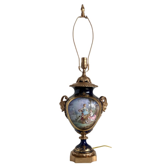 Blue Antique Sevres Style Bronze Ormolu Têtes De Satyres Cobalt Blue Porcelain Table Lamp For Sale - Image 8 of 18