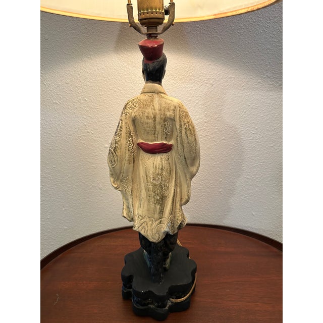 Mid Century Chinoiserie Asian Figural Warrior Chalkware Lamp 22" For Sale - Image 11 of 11