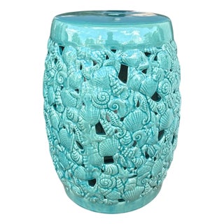 Aqua Turquoise Glaze Seashell Seahorse Garden Stool For Sale