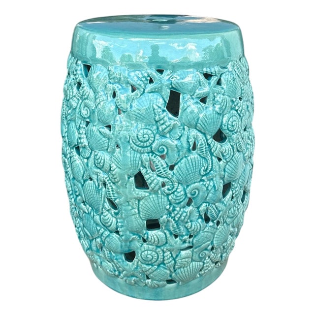 Aqua Turquoise Glaze Seashell Seahorse Garden Stool For Sale