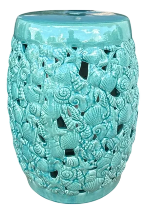 Aqua Turquoise Glaze Seashell Seahorse Garden Stool