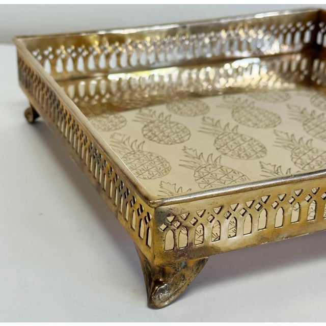 Brass Vintage Mottahedeh Etched Brass Pineapple Motif Tray For Sale - Image 8 of 9