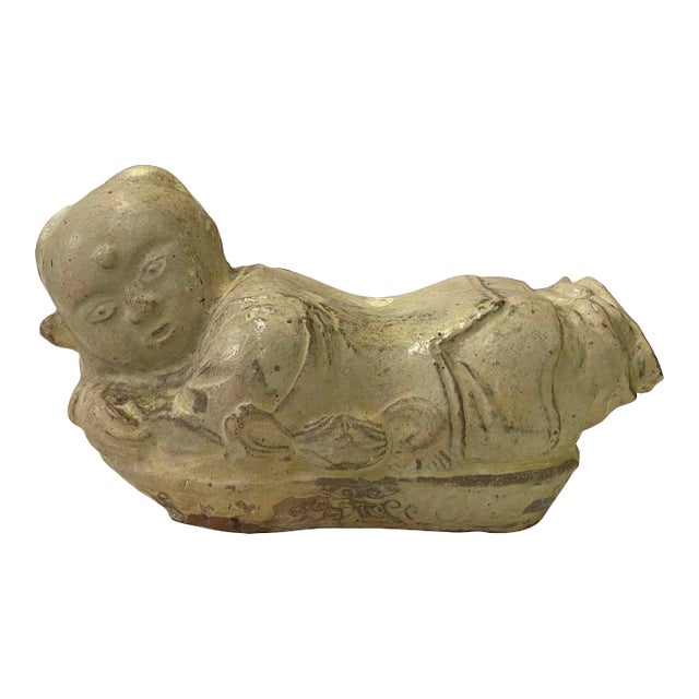 Vintage Oriental Ceramic Cream Color Kid Theme Pillow Shape Display Figure For Sale
