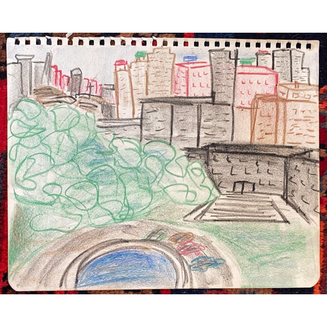 1950s MCM city view by artist Virginia Spencer. Unsigned, from a sketchbook of San Francisco subjects by Spencer.